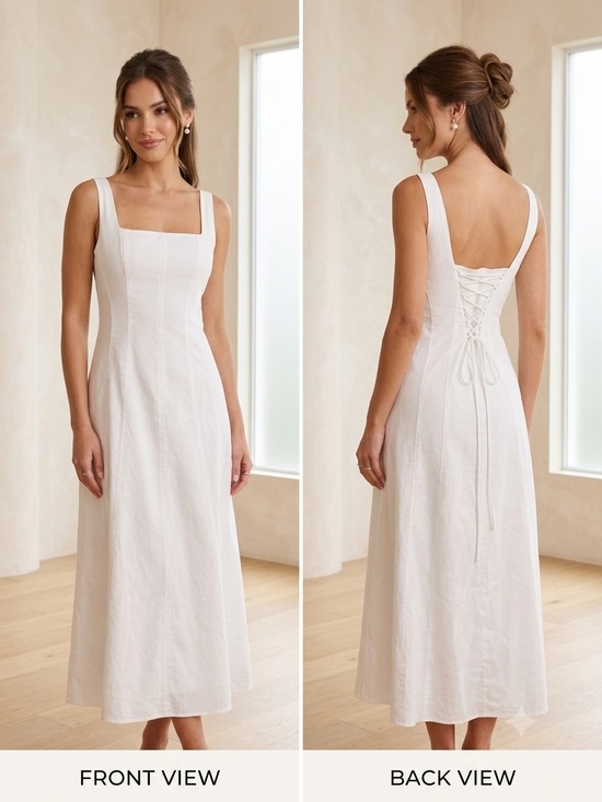 Commense Dresses & Skirts - Commense White Lace-Up Back V-Neck Midi Dress